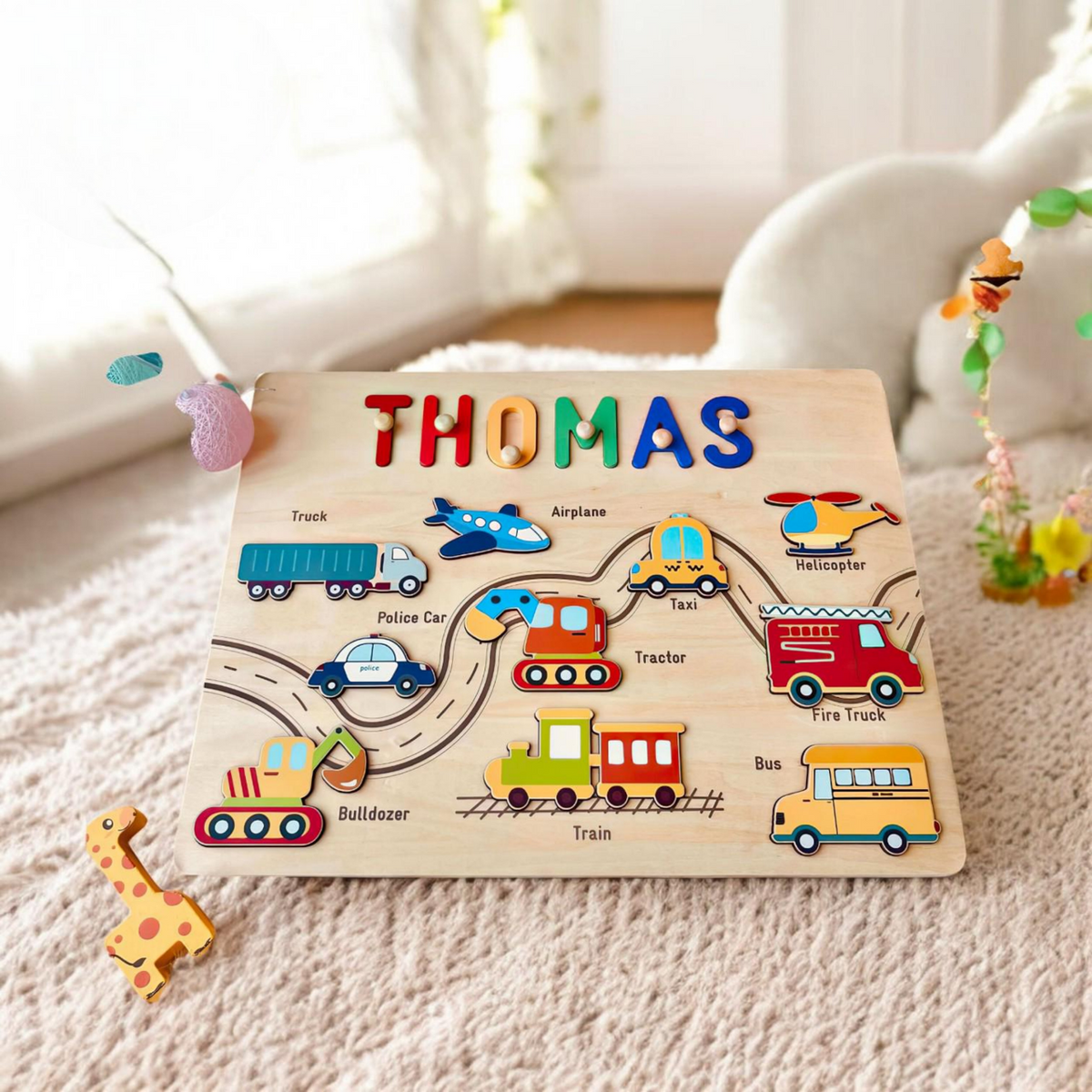 Personalized Wooden Name Puzzle with Vehicles, Custom Kids Name Puzzle, Toddler Learning Toy, Montessori Gift for Boys