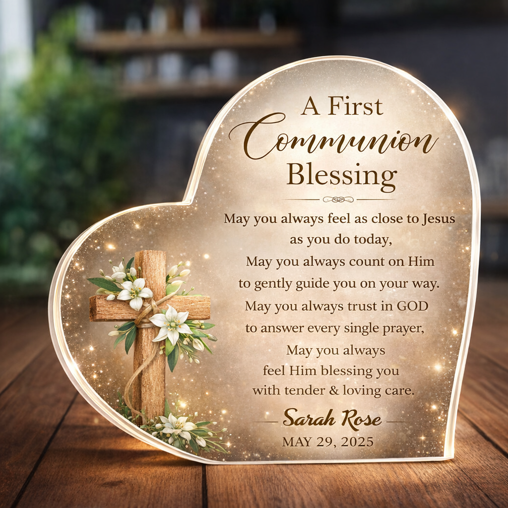 A First Communion Blessing - Personalized Heart Shaped Acrylic Plaque - Gift For New Baby, Christian Gift