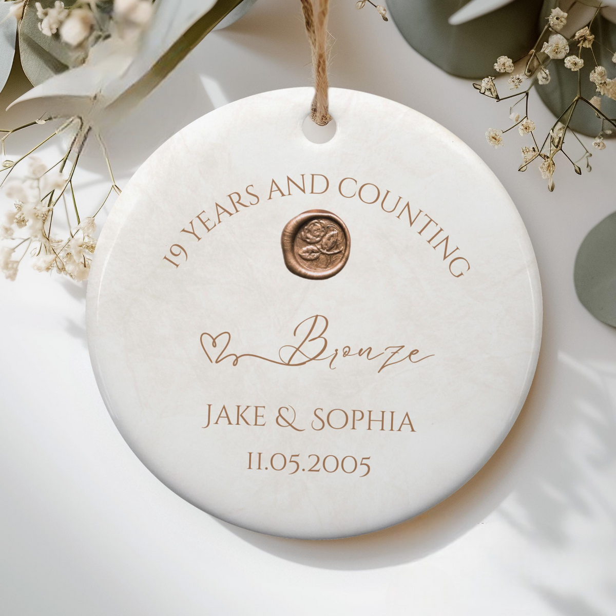 Personalized 19th Anniversary Ornament, Bronze Wedding Anniversary Gift, 19 Year Anniversary Ceramic Ornament, 19 Years Married Gift For Husband Wife