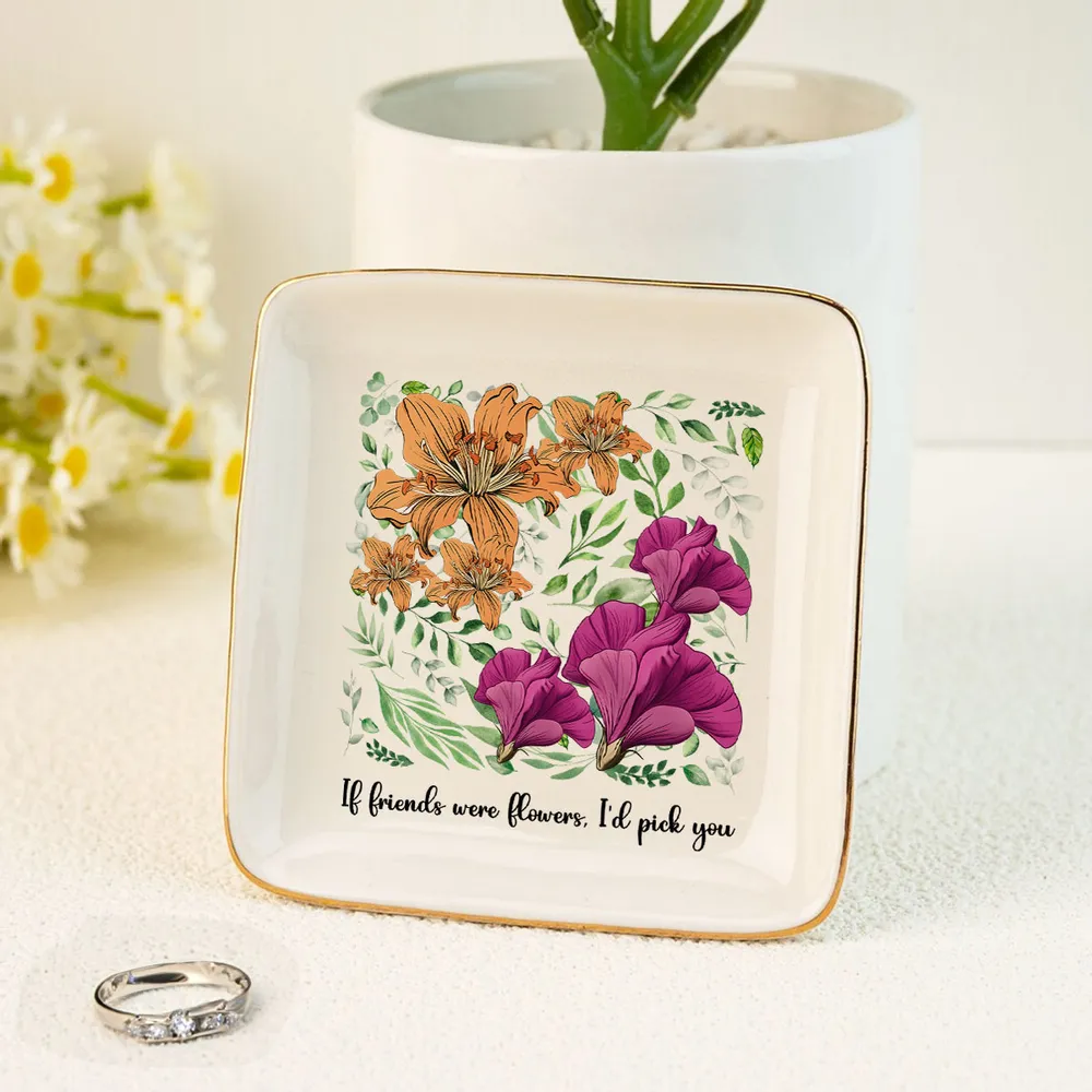 Sisters Besties In Bloom Birth Month Flowers - Personalized Jewelry Plate - Gift For Friends, Besties