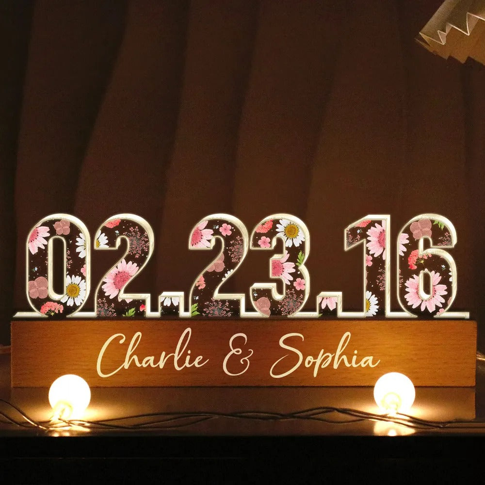 Couple Engagement Anniversary Date Flowers Personalized Custom LED Night Light, Gift for her, Gift for him
