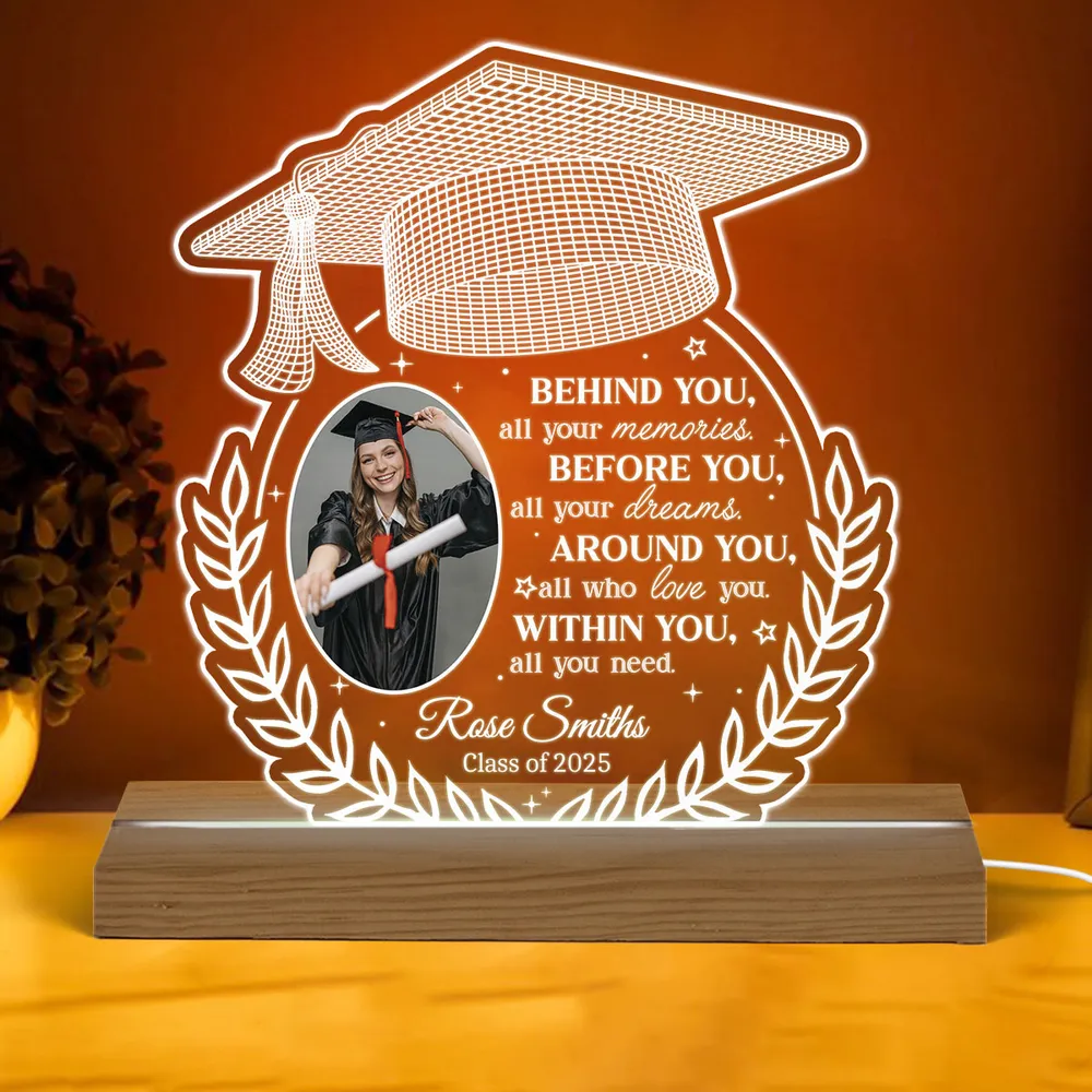 Behind You All Your Memories Upload Graduation Photo - Personalized 3D LED Light Wooden Base - Graduation Gift