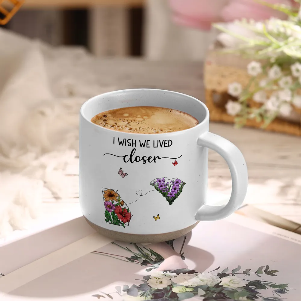 Wish We Lived Closer Wildflower State Map - Personalized Pottery Mug - Gift For Family, Bestie, Long Distance Relationship