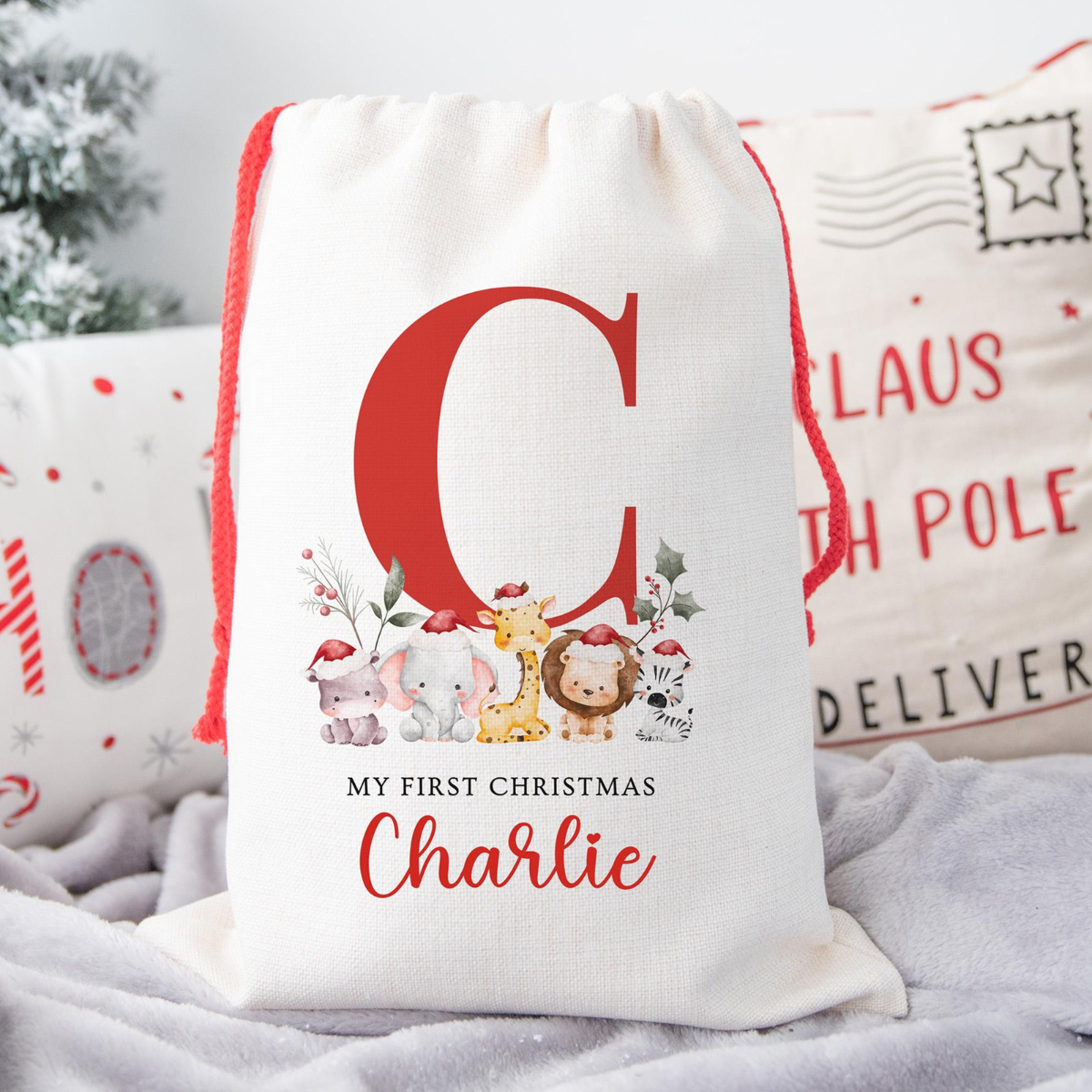 Safari Animals Santa Sack Personalized, My First Christmas Gift Bag, Custom Name Special Delivery for New Baby, Cute Giraffe Lion Elephant