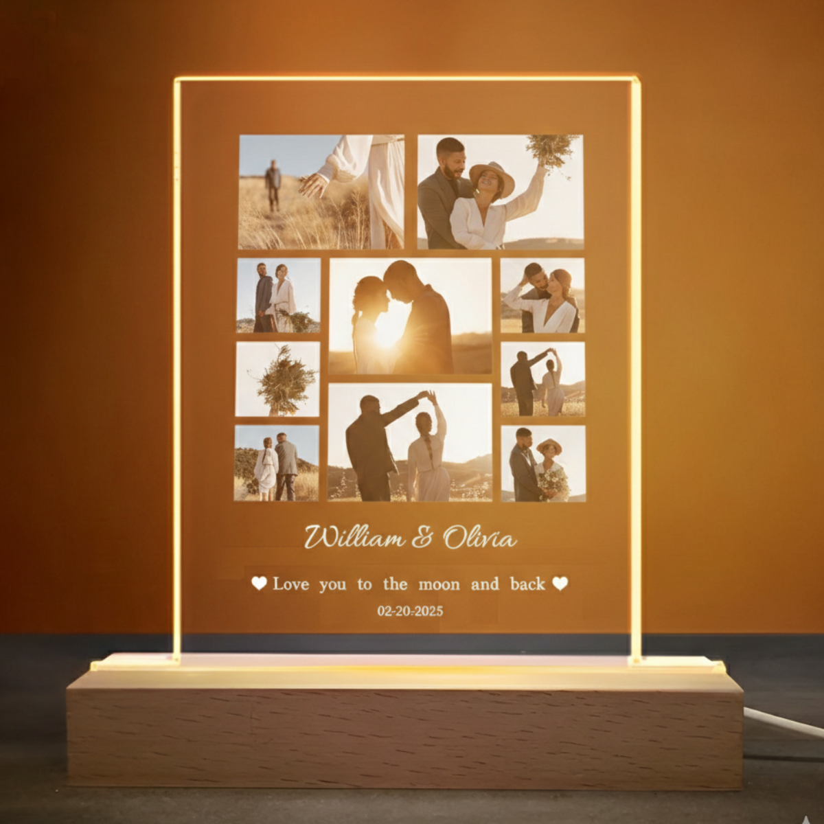 Custom Photo LED Light, Photo Collage Lamp, Personalized Acrylic LED Light Wooden Base, Valentines Gift for Couple