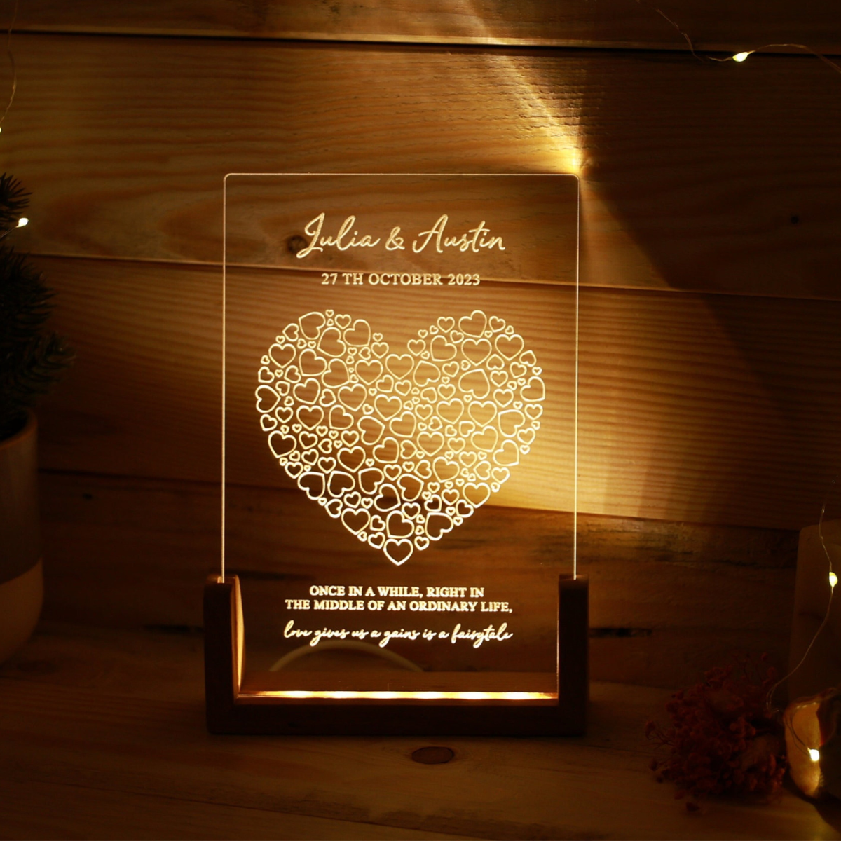 Custom Name & Quote Night Light - Personalized Desk Name Plate - Heart Light with Names and Quote - Unique Gift for Couples