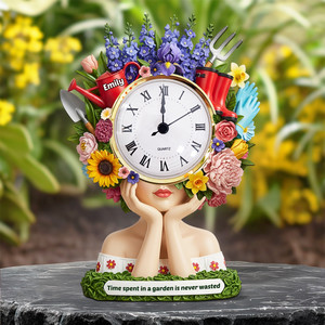 Flower Head Girl Desk Clock Plaque - Personalized Acrylic Desk Clock - Gifts For Gardening Lover