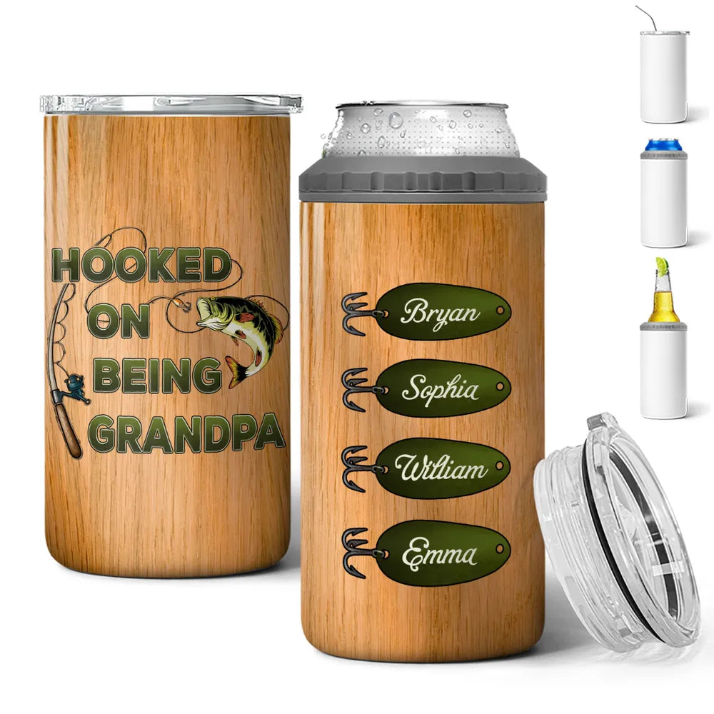 Hooked On Being Fishing Dad Papa - Personalized Can Cooler Tumbler - Gift For Dad Grandpa, Father's Day Gift Idea