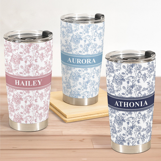 Flower Toile De Jouy French Style Custom Name, Personalized Tumbler Cup, Birthday Gift, Custom Name Floral Tumbler With Lid, Gift for Mom
