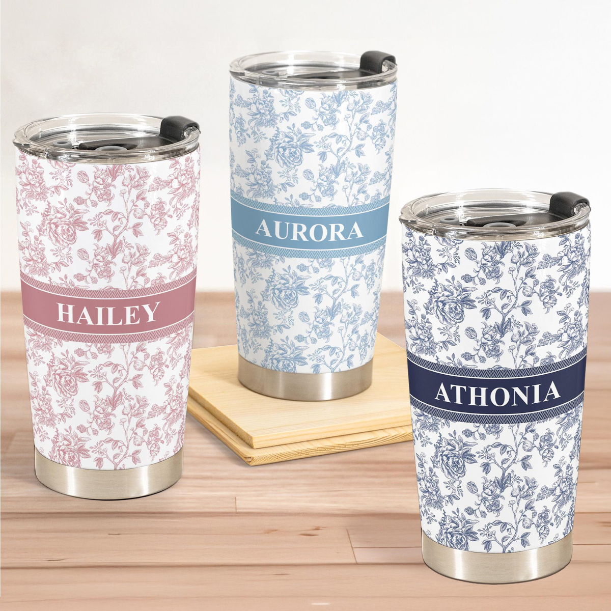 Flower Toile De Jouy French Style Custom Name, Personalized Tumbler Cup, Birthday Gift, Custom Name Floral Tumbler With Lid, Gift for Mom