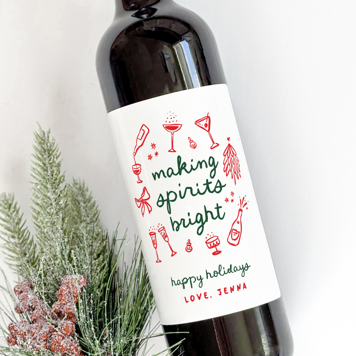 Whimsical Christmas Liquor Bottle Labels, Holiday Wine Gift Labels, Hand Drawn Holiday Party Favor Stocking Stuffer Coworker Christmas Gift