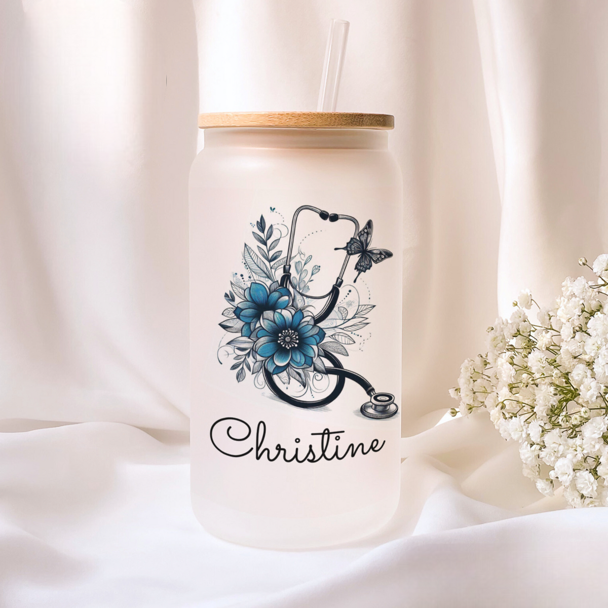 Personalized Nurse Practitioner Glass Cup, Floral Stethoscope NP Gift, Glass Tumbler NP Grad Gift, NP Gifts, Np Cup With Name