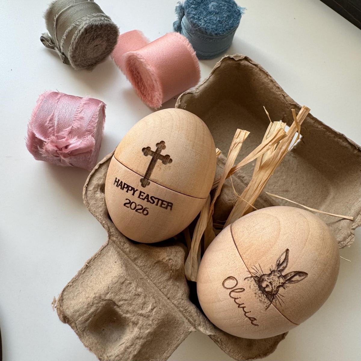 Personalized Wooden Easter Eggs, Custom Engraved Easter Egg, Christian Easter Decor, Bunny & Cross Design, Refillable Keepsake Egg