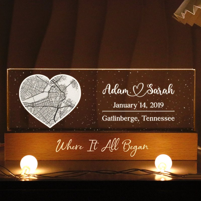 Where It All Began Couple Location, Personalized LED Light Wooden Base, Engagement Gift, Anniversary Gift, Heartfelt Keepsake For Couples