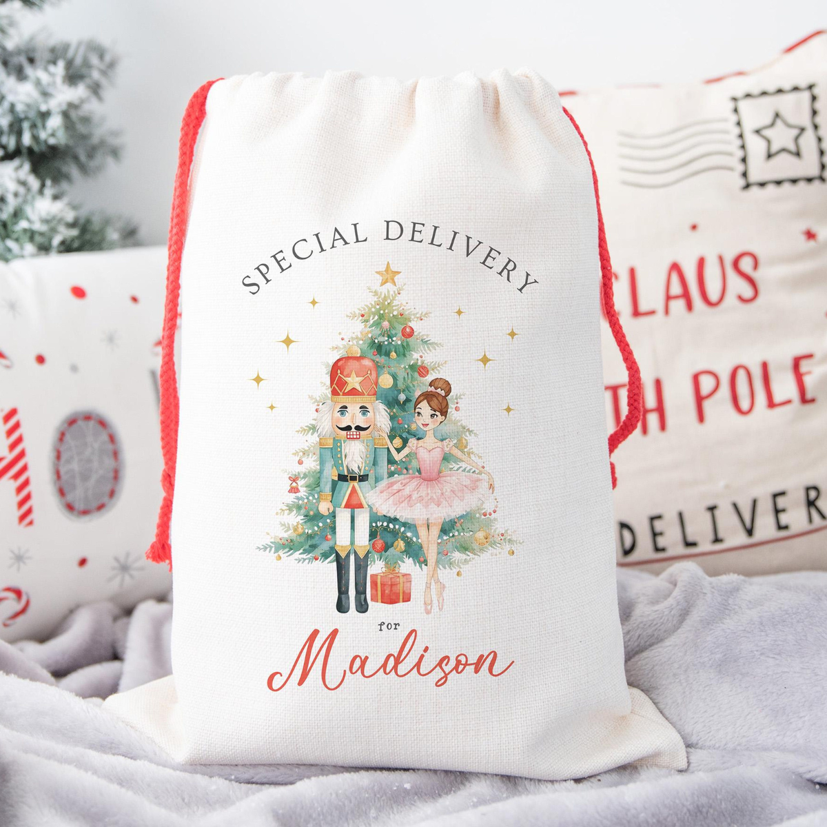 Nutcracker Christmas Gift Bag Personalized, Custom Santa Sack for Girls, Sugar Plum Fairy Ballet, Special Delivery Name Holiday Gift Wrap