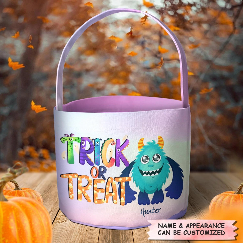 Bag Of Treat Little Monster - Personalized Halloween Fabric Basket - Halloween Gift For Kid