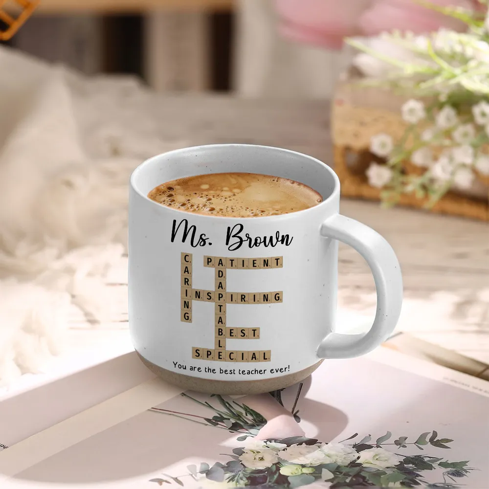 Best Teacher Ever Crossword Art - Personalized Pottery Mug - Gift For Teacher