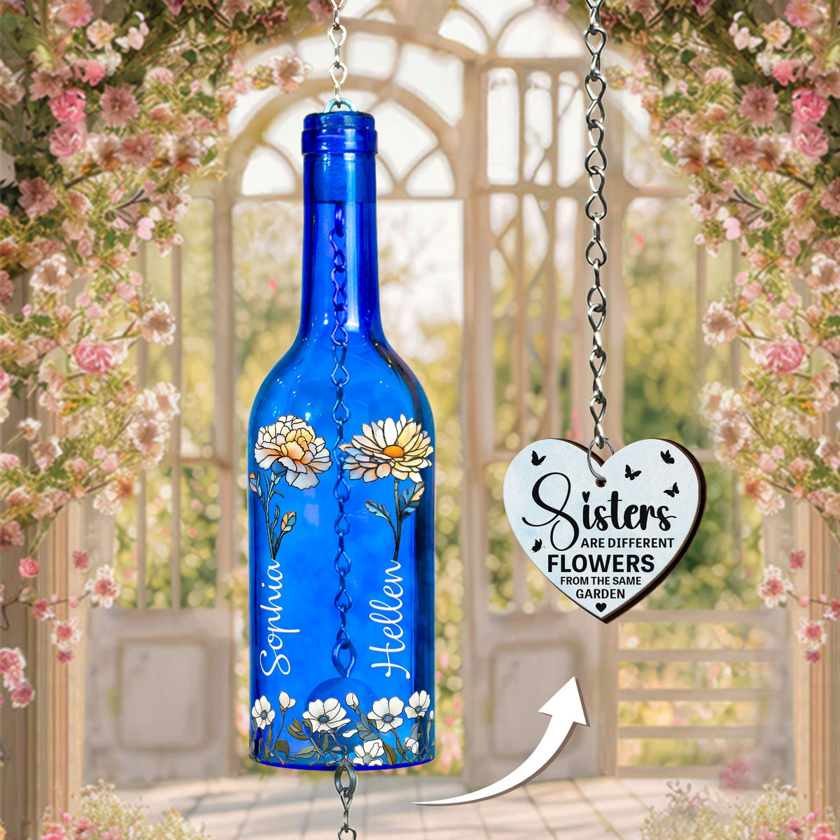 Sisters Birth Month Flowers - Personalized Wine Bottle Wind Chime - Birthday Gift For Sisters, Besties