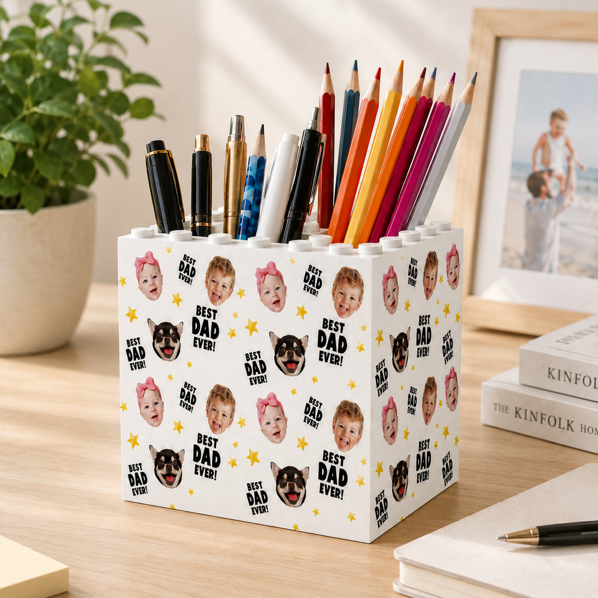BEST DAD EVER Brick Photo Block with Faces, Personalized Daddy & Me Pencil Pot, Fathers Day Gift for Dad, Photo Gift, Gift From Daughter Son