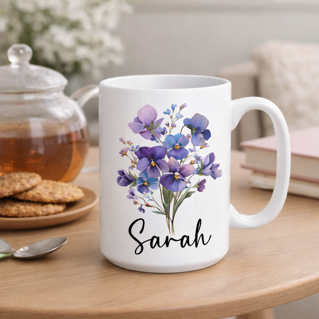 Custom Birth Flower Coffee Mug, Personalized Birthflower Cup with Name, Wildflower Birthday Mugs