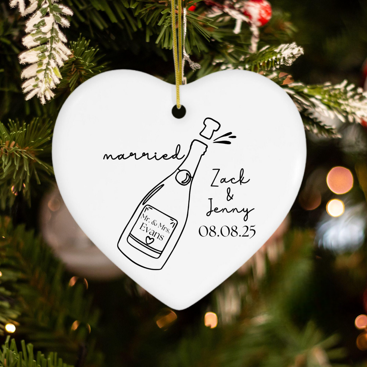 Married Ornament Personalized for Newlyweds Mr & Mrs, Ceramic Custom Just Married Ornament, Wedding Ornament, Champagne Wedding Celebration