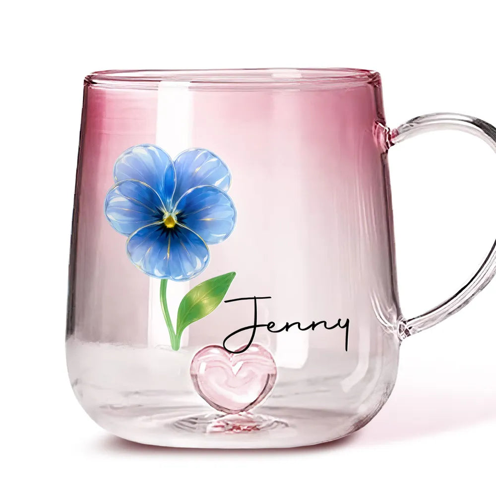 Birth Month Crystal Flower - Personalized Gradient Glass Mug - Gift For Sister, Bestie, Family