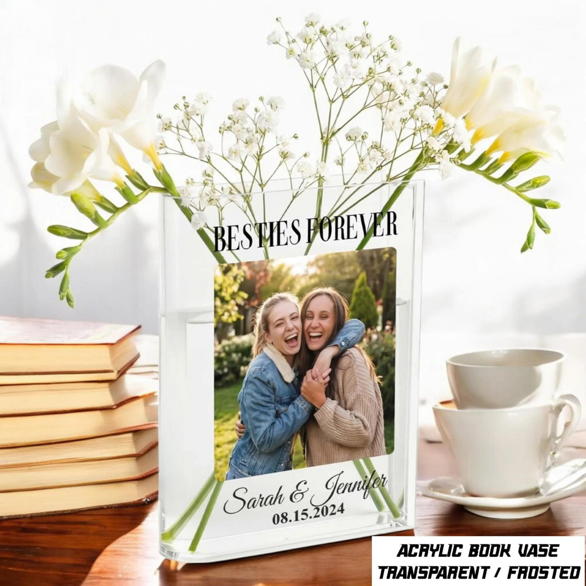 Besties Forever Acrylic Book Vase, Personalized Photo Flower Vase, Custom Name Date Friendship Gift