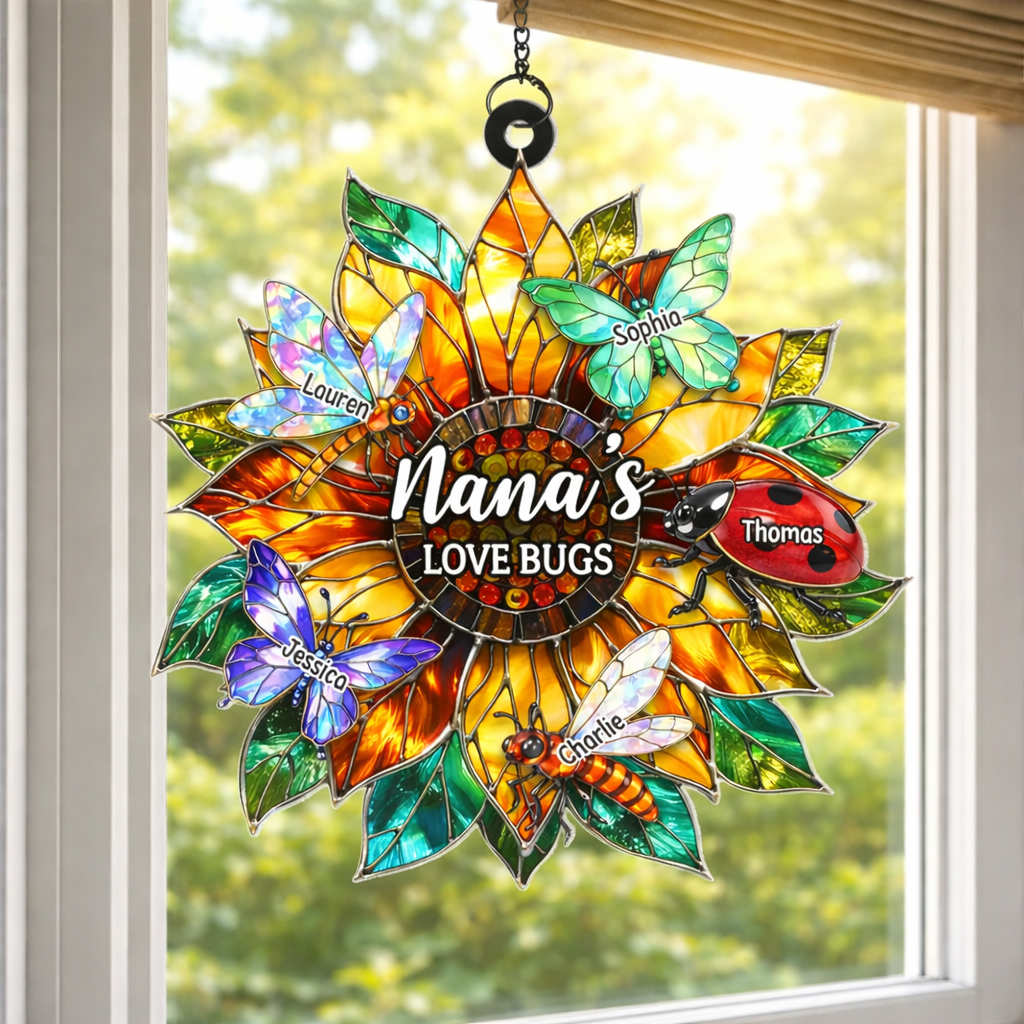 Grandma's Love Bugs Sunflower - Personalized Suncatcher - Gift For Mom Grandma, Mother's Day Gift