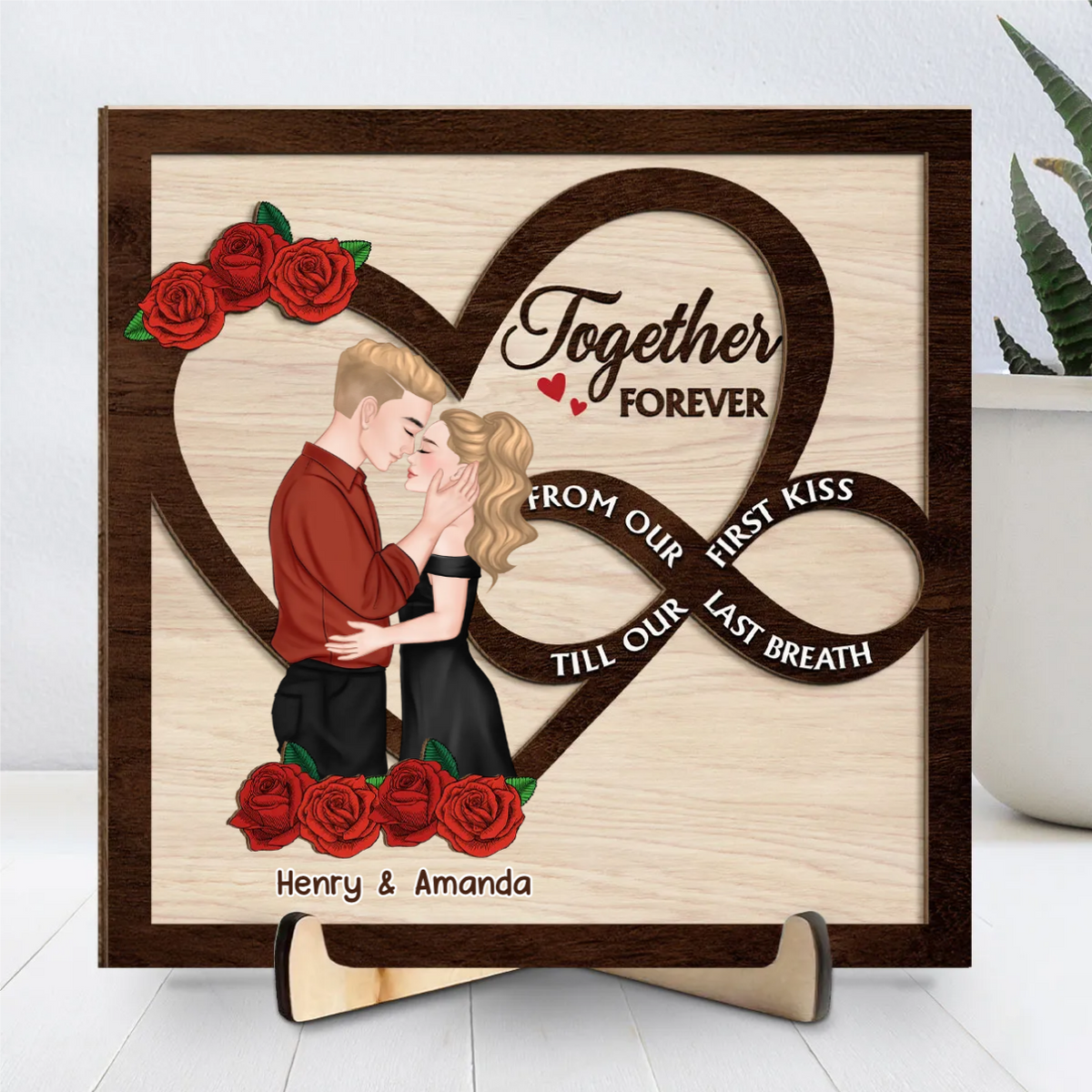 From Our First Kiss Till Our Last Breath - Personalized Wooden Plaque - Valentine's Day Gift For Couple