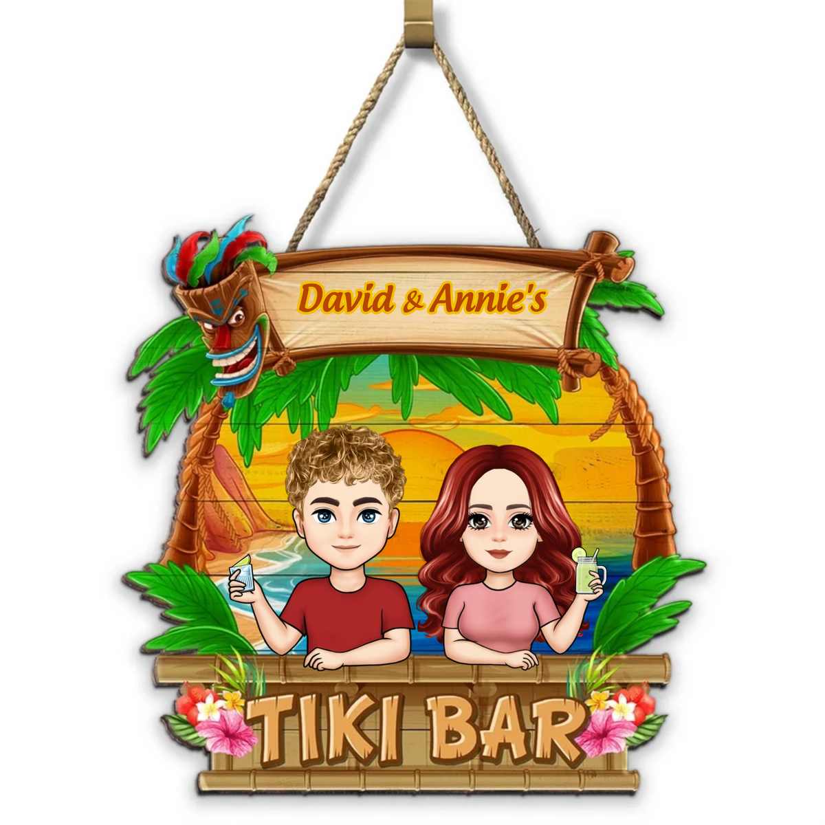 Tiki Bar Summer Drinking Couple - Personalized Wood Sign - Summer Gift For Couple, Beach & Pool Decor