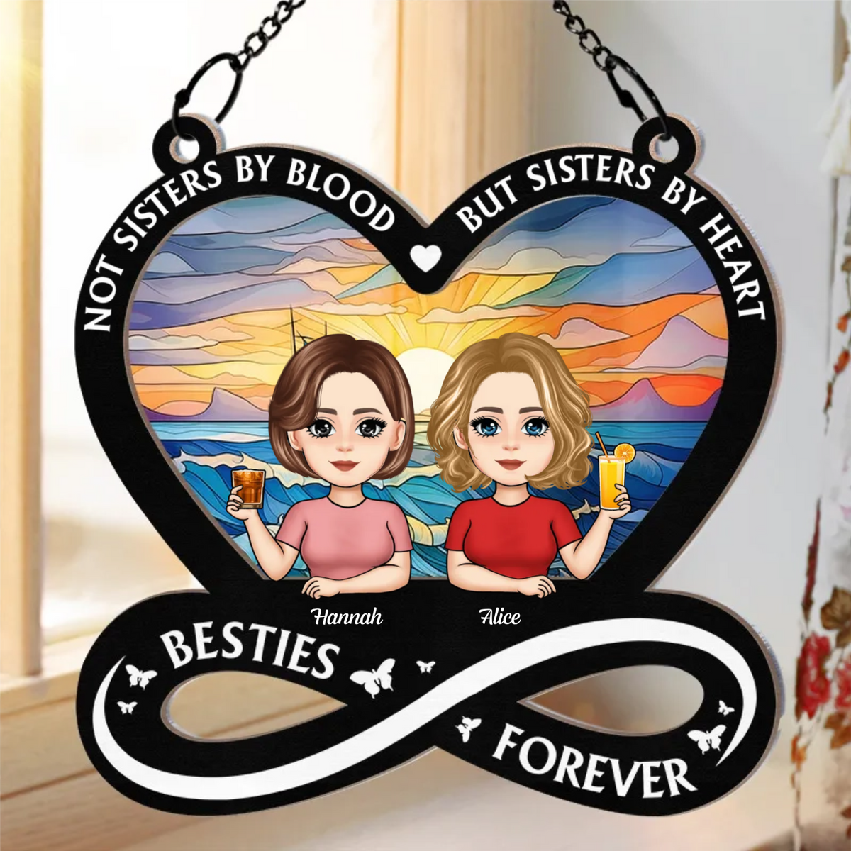 Not Sister By Blood Doll Sisters - Personalized Suncatcher Ornament - Gift For Besties, Sisters, BFF, Window Hanging Decoration