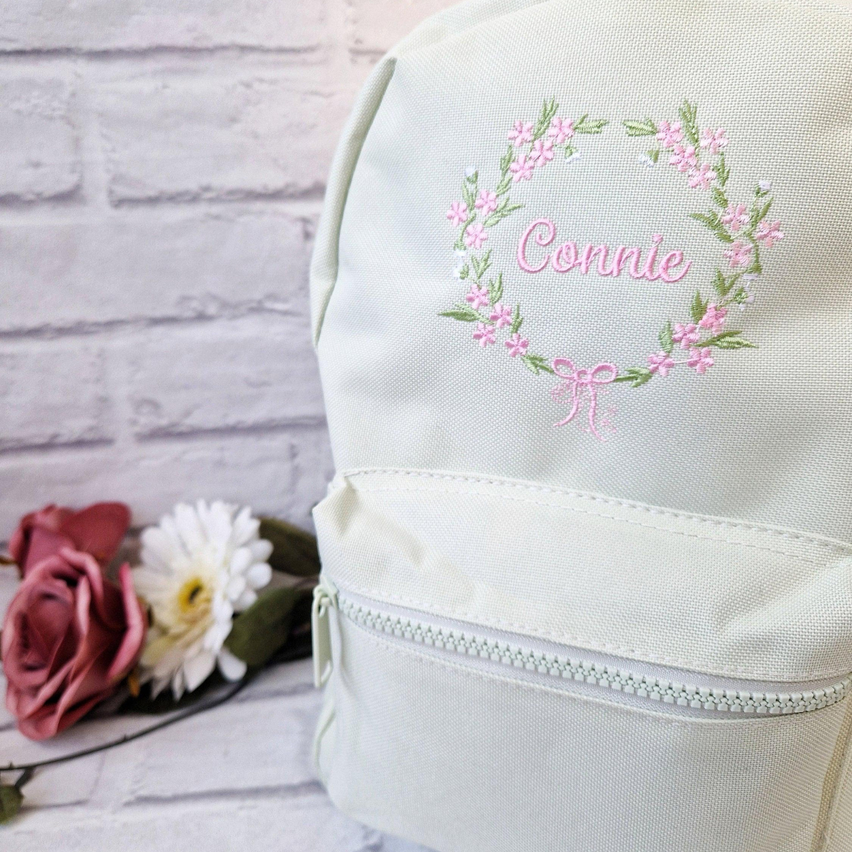 Flower Frame Backpack, Personalised Embroidered Girls Bag, Back to School, Nursery Bag, Floral Wreath