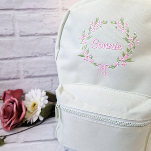Flower Frame Backpack, Personalised Embroidered Girls Bag, Back to School, Nursery Bag, Floral Wreath