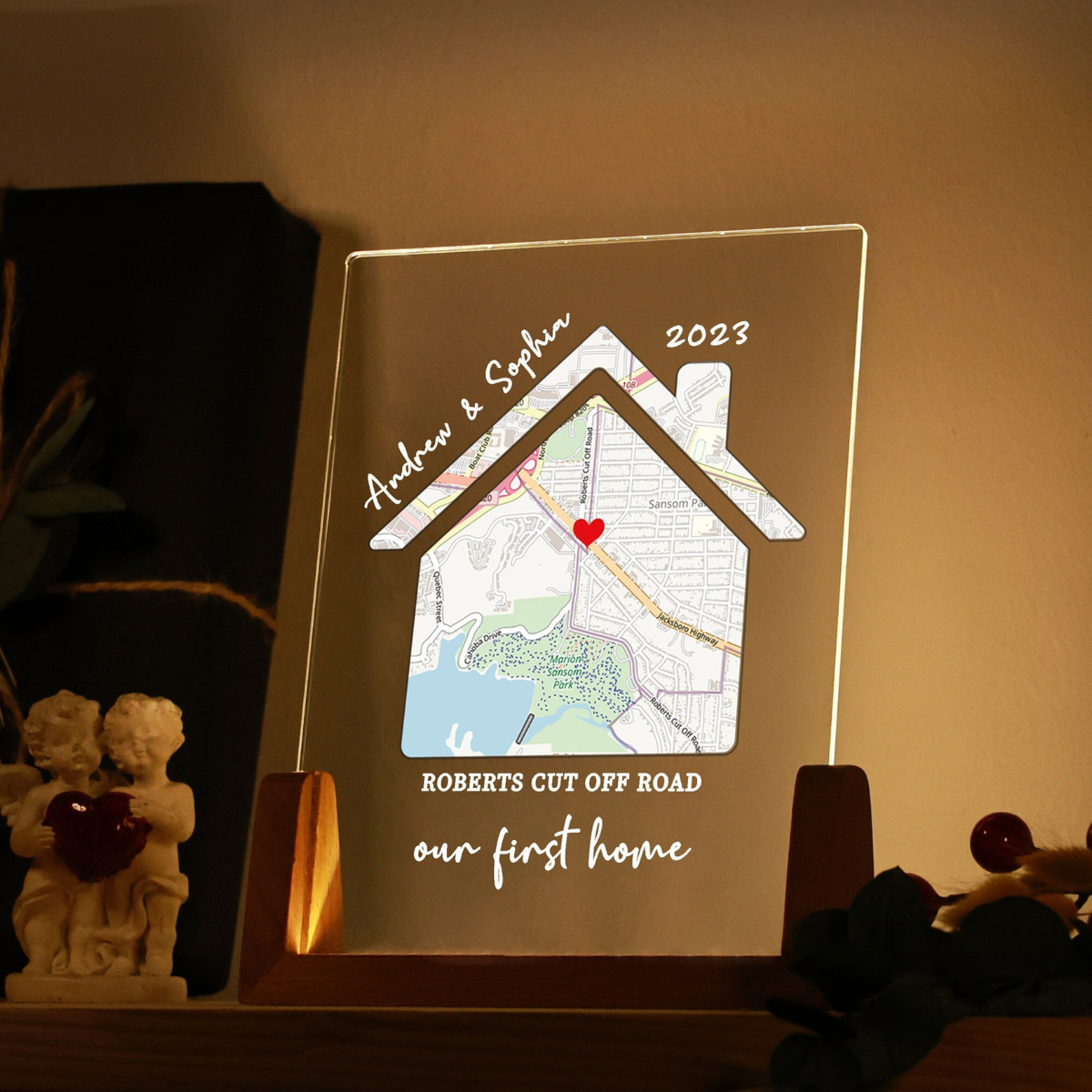 Our First Home - Personalized Desk Name Plate Night Light - Gift For Couple