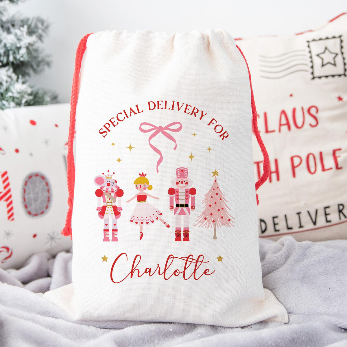 Personalized Santa Sack for Girls, Nutcracker Christmas Gift Bag with Name, Custom Special Delivery Sugar Plum Fairy Mouse King Holiday Sack