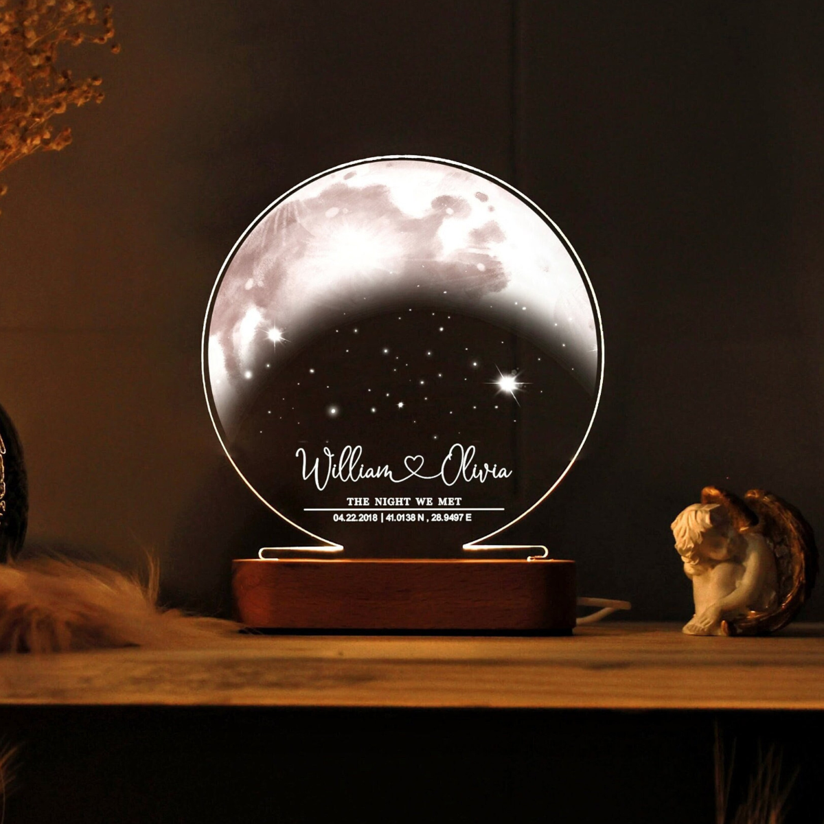 Custom Moon Phase Unique Wedding Gift Idea, Acrylic Moon LED Light Wooden Base, Gift For Couple