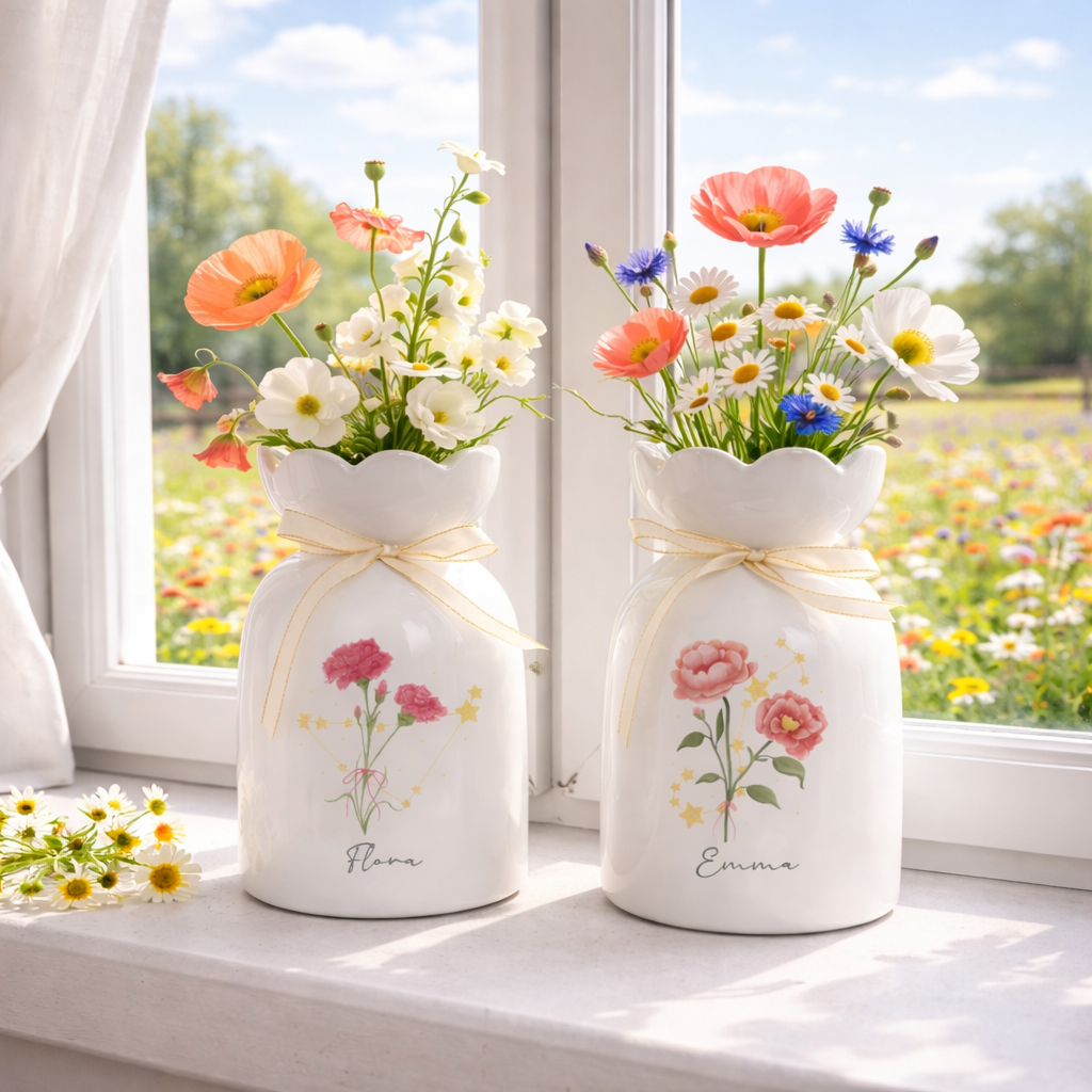Personalized Birth Flower Ceramic Vase, Zodiac Sign Flower Vase, Custom Name Vase, Birthday Gift for Mom, Astrology Gift, Floral Home Decor