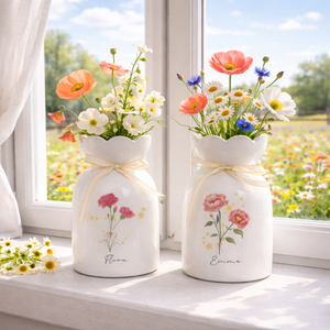 Personalized Birth Flower Ceramic Vase, Zodiac Sign Flower Vase, Custom Name Vase, Birthday Gift for Mom, Astrology Gift, Floral Home Decor