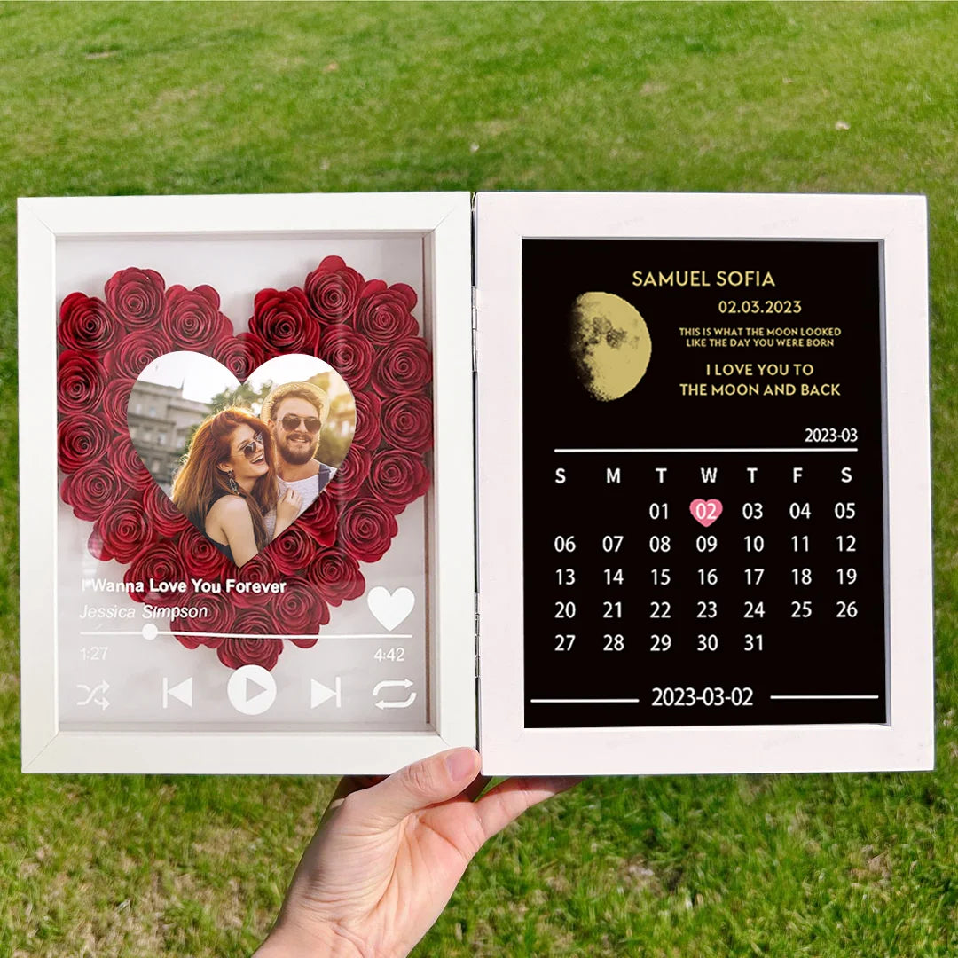 Custom Flowers Frame with Moon Phase Calendar - Personalized Flower Hinged Double Frame - Gift For Family, Couple, Mother, Friends