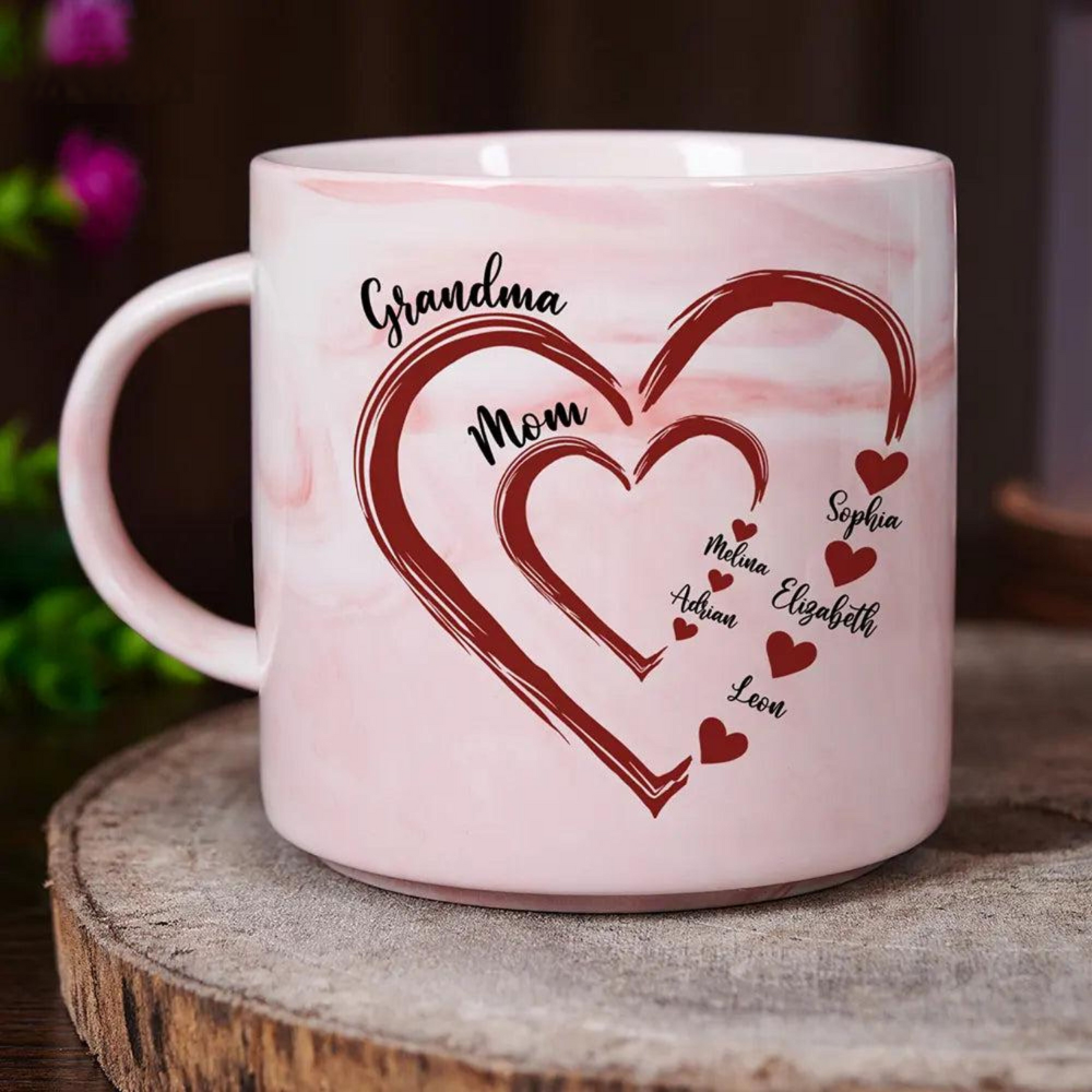 Personalized Marble Mug with Heart & Names Custom Gift for Mom, Grandma, Nana, Mother's Day Gift, Gift for Grandma, Nana, Mom