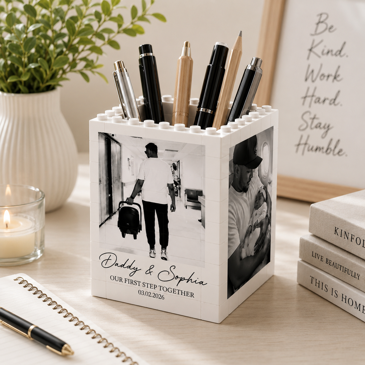 Custom Photo Father's Day Brick Pencil Pot, First Journey Together, Dad Gift from Baby, Gift for Husband, Gamer Dad Gift, Father Daughter