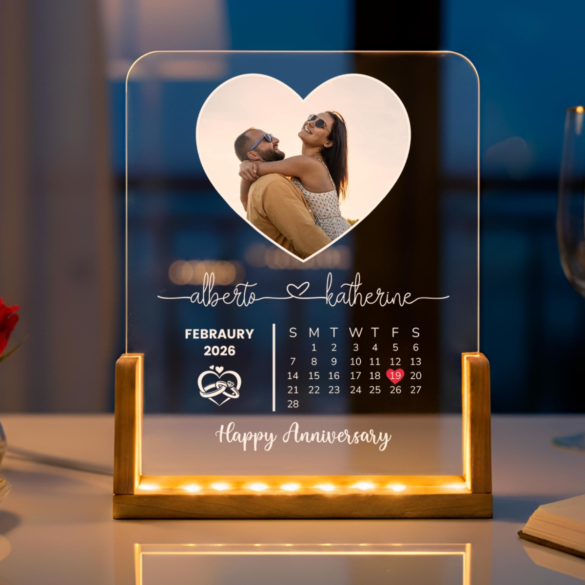 Personalized Photo Plaque - Custom Acrylic LED Night Light, Wood Base - Anniversary Calendar Gift for Couple, Wedding, Valentines Day