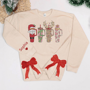 Retro Obsessive Cup Disorder Christmas Side Bow Applique Sweatshirt, Embroidered Bow Sweatshirt, Merry Christmas Embroidery, Custom Name