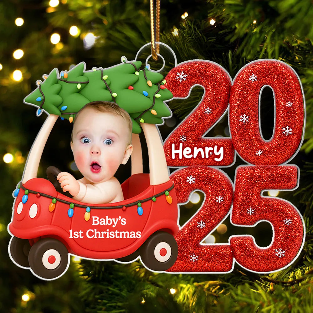 Baby In Car Upload Photo Christmas - Personalized Acrylic Ornament - Christmas Gift For New Parent, Newborn Keepsake