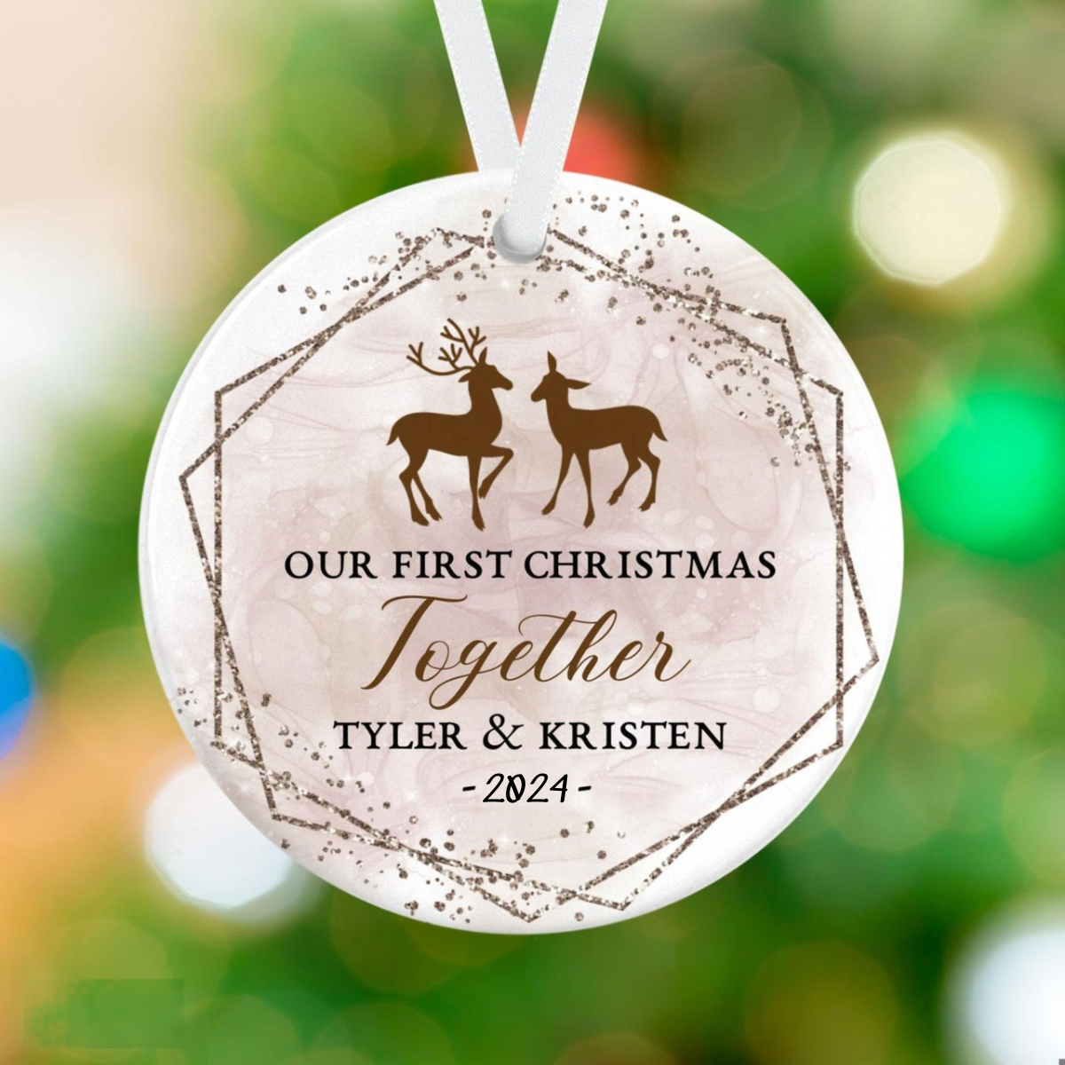 Our First Christmas Together - Personalized Anniversary Deer Holiday Ornament - New Couple Christmas Gift Ornament