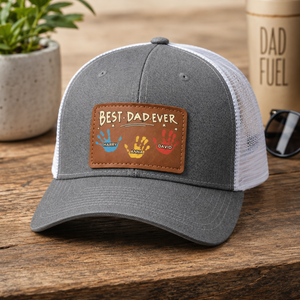 Best Dad Ever Hand Prints - Personalized Leather Label Net Hat - Gift For Father, Grandpa, Father's Day Gift