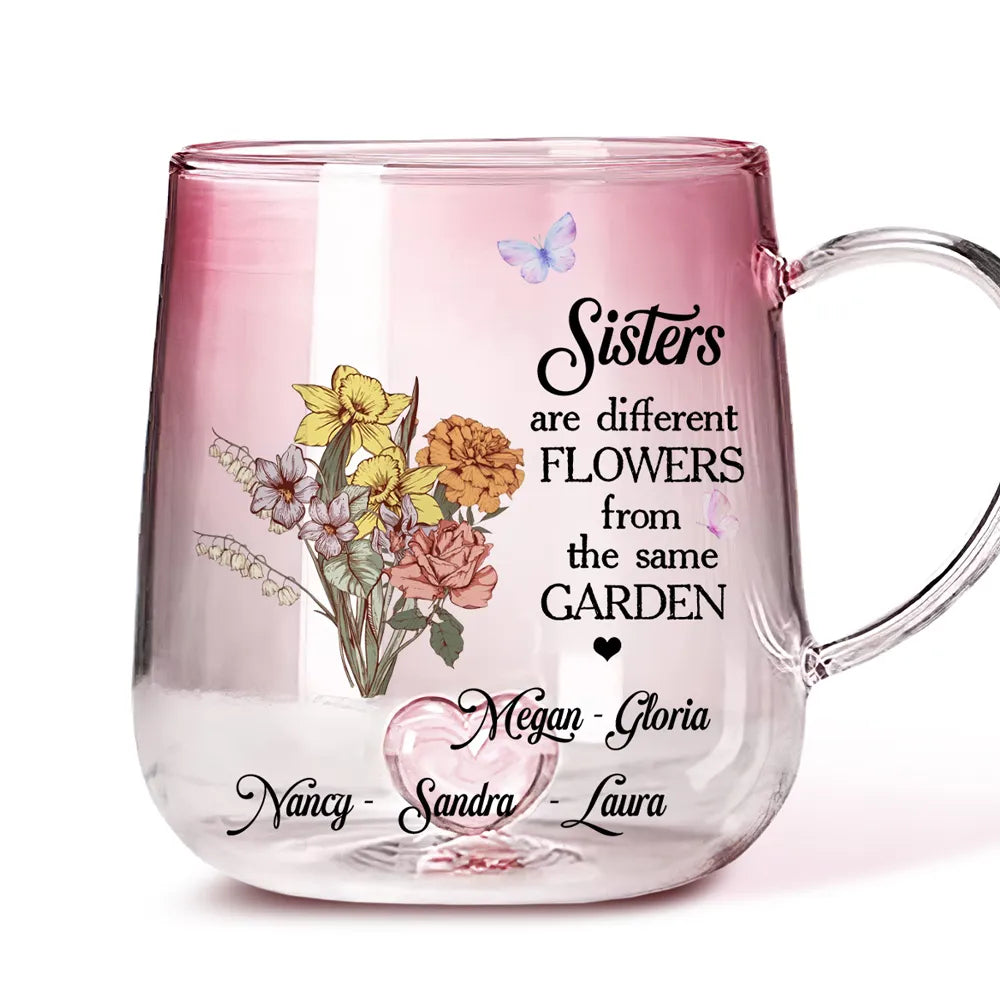 Floral Sisters - Personalized Gradient Glass Mug - Gift For Sisters, Besties