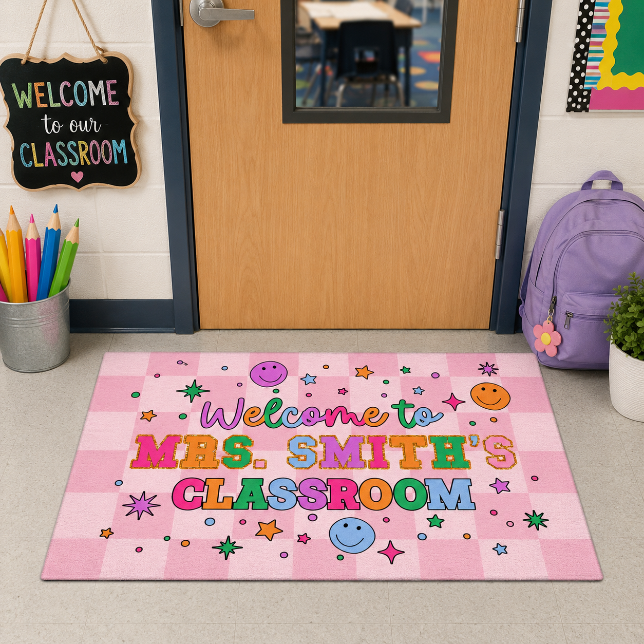 Personalized Name Classroom Doormat, Teacher Gift, Back To School Decor, Class Decoration, Groovy Door Mat, Office Door Decor