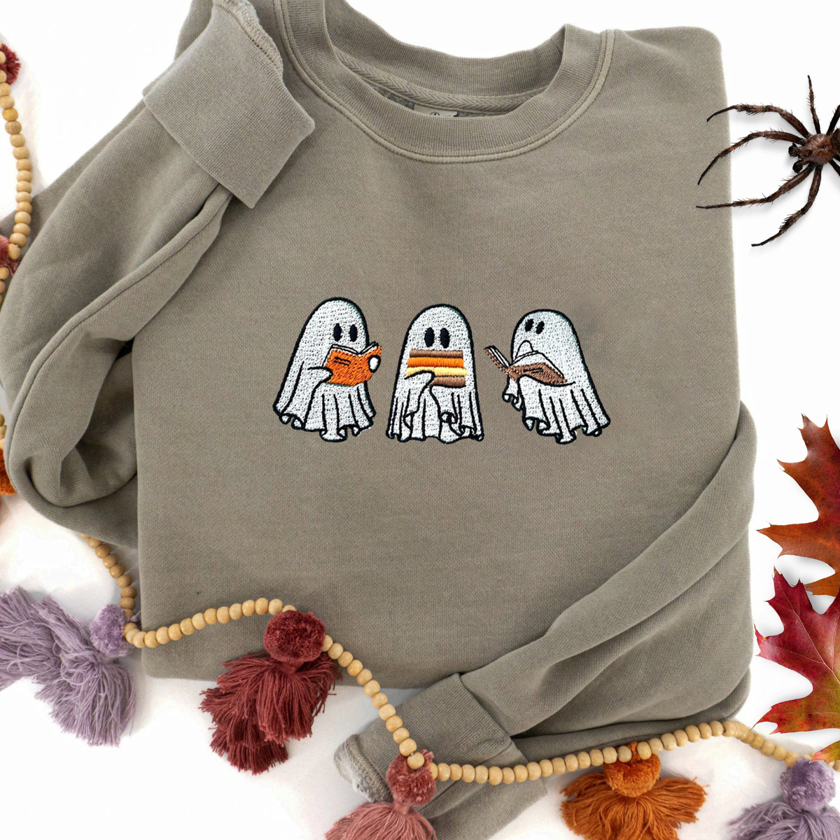 Embroidered Ghost Book Sweatshirt, Ghost Reading Books Sweatshirt, Fall Crewneck, Book Lover sweatshirt, Cute Halloween Shirt