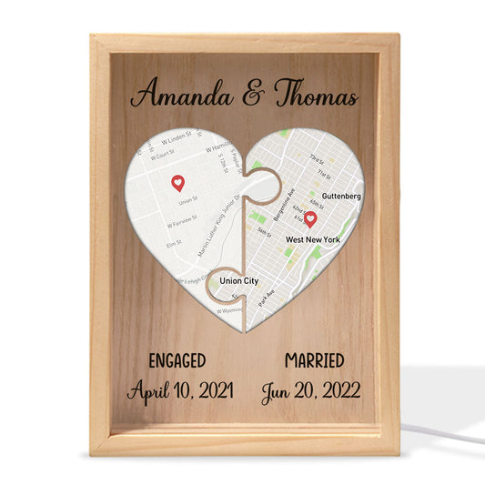 Custom Locations Heart Puzzle Map - Personalized Frame Light Box - Anniversary Gift, Valentine's Day Gift For Couple